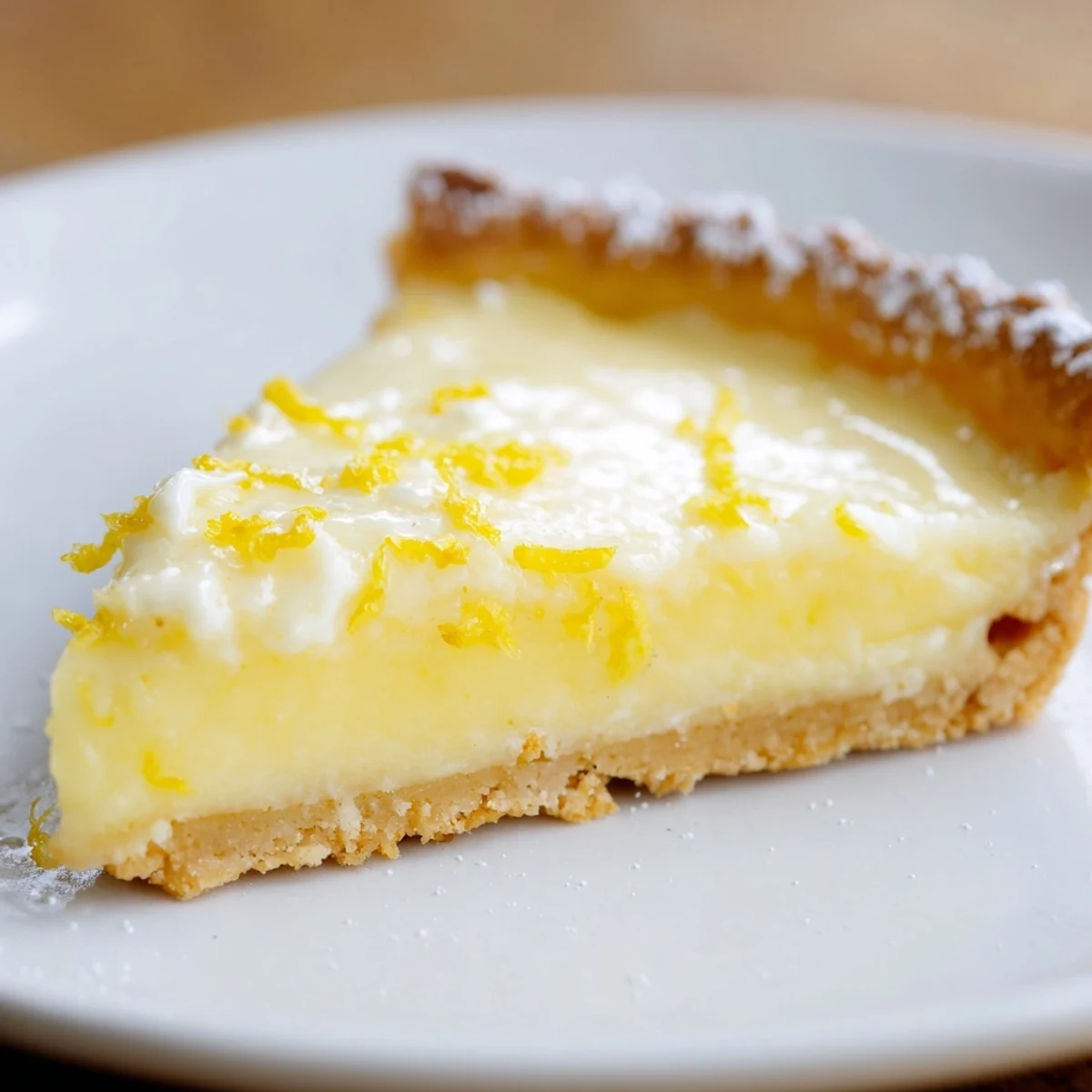 Golden-crusted Lemon Tart, with a creamy, bright yellow filling and a dusting of powdered sugar.