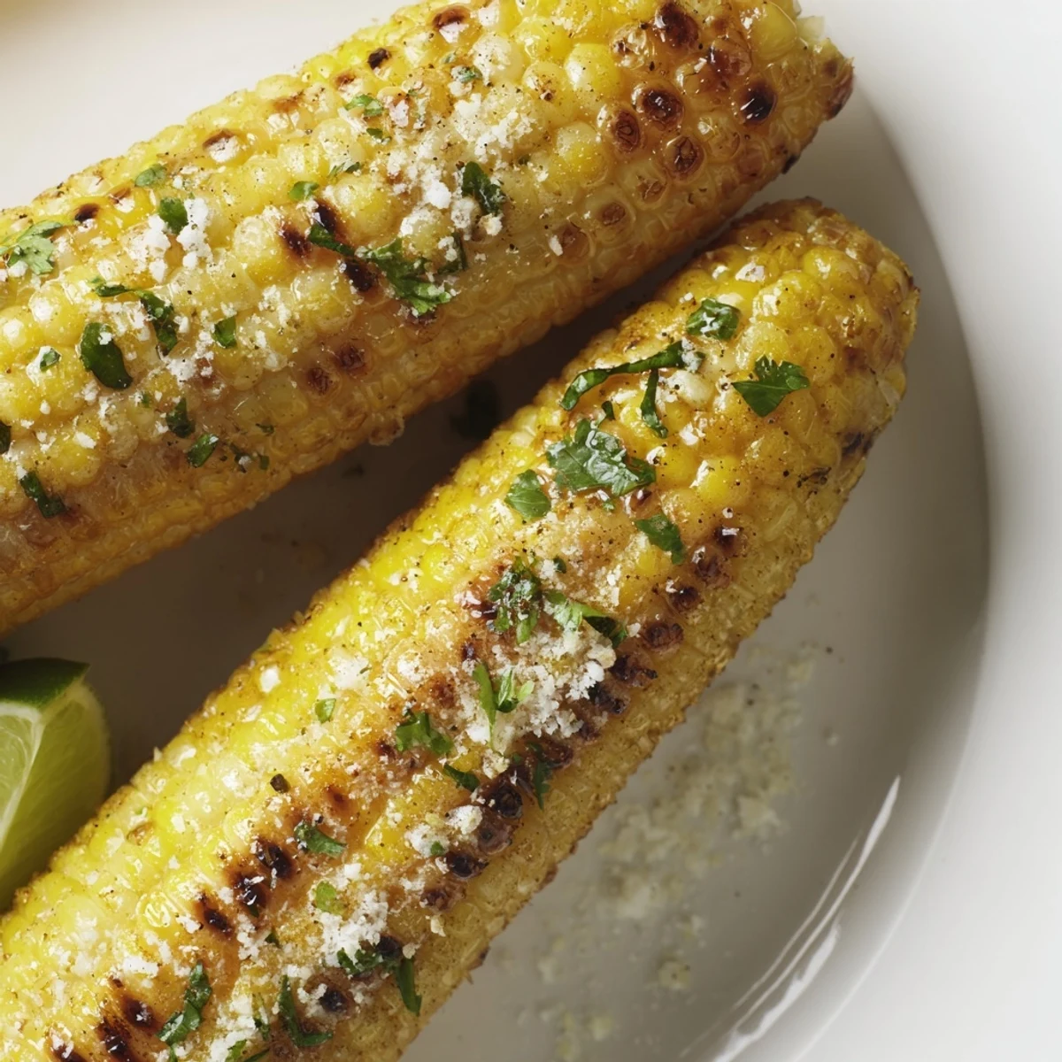 Golden brown Roasted Corn on the Cob, lightly charred and ready for fresh toppings.