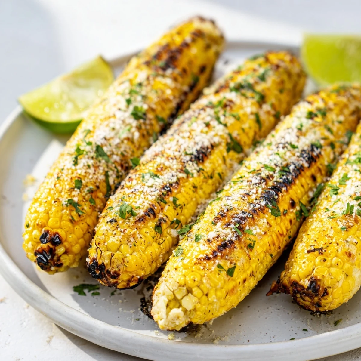 Perfectly grilled Roasted Corn on the Cob, a savory summer side dish alongside lime wedges.