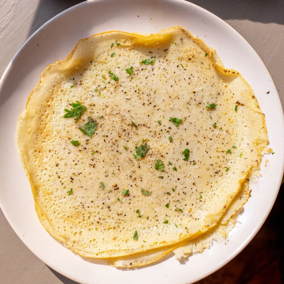 Stack of freshly made Savory Crepe Shells, delicately thin and ready for vegetarian or meat fillings.