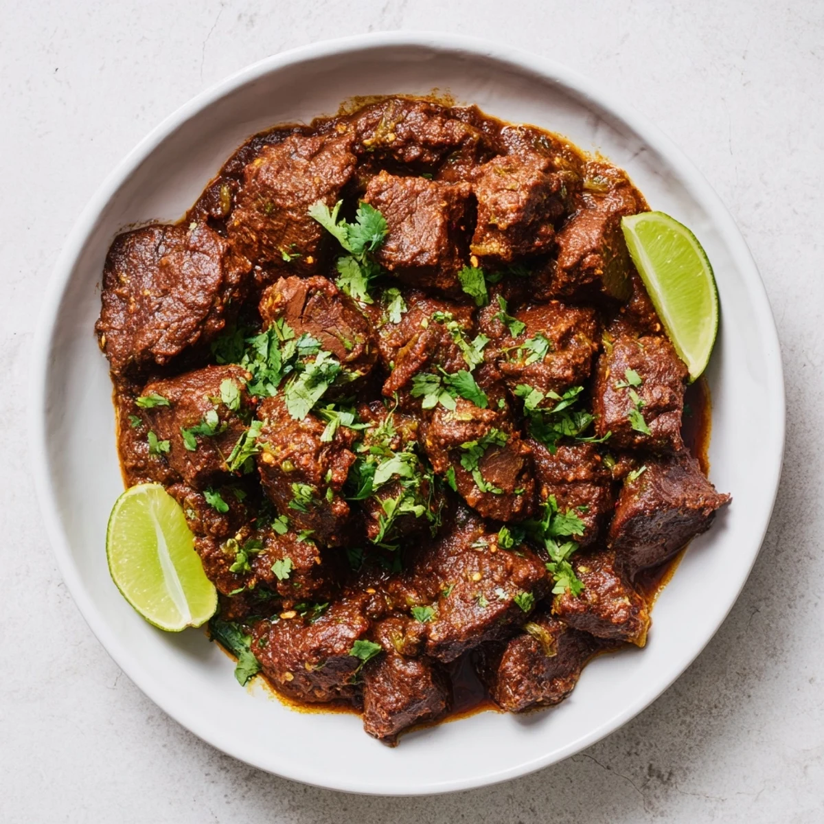 Steaming Beef Curry Spicy, fragrant with ginger, presented with cilantro and a lime wedge.