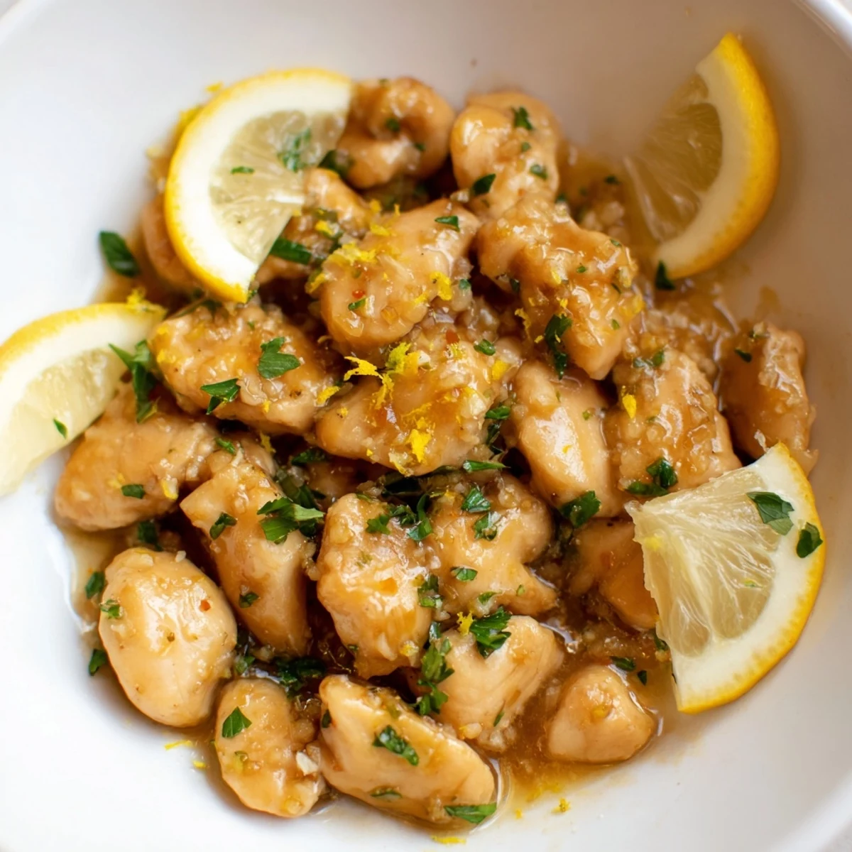 Tender Lemon Chicken breasts bathed in a bright, zesty sauce, ready to serve and enjoy.