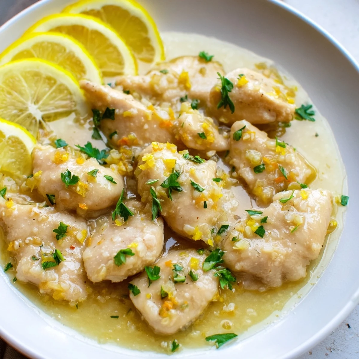 A close-up of delicious Lemon Chicken, garnished with fresh parsley and vibrant lemon slices.