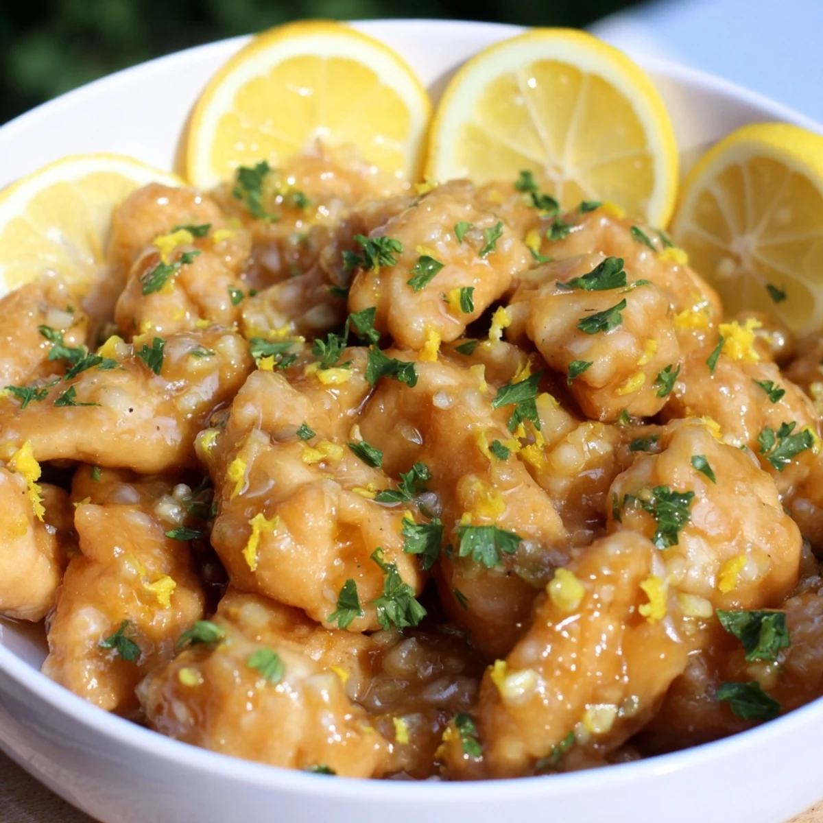Golden-brown pieces of Lemon Chicken glistening with a rich, savory lemon and herb sauce.