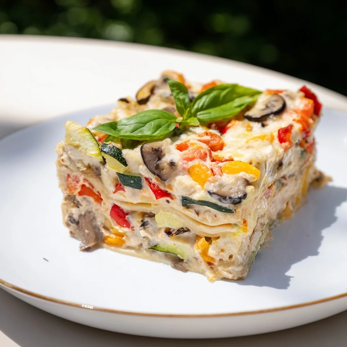 Steaming, cheesy veggie lasagna with layers of roasted vegetables and bubbling mozzarella ready to serve.