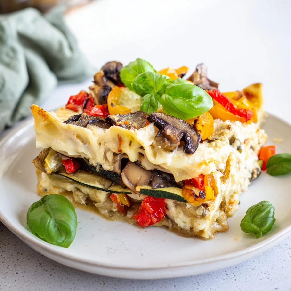 A close-up of a warm, delicious veggie lasagna, inviting guests to savor each flavorful bite with marinara.