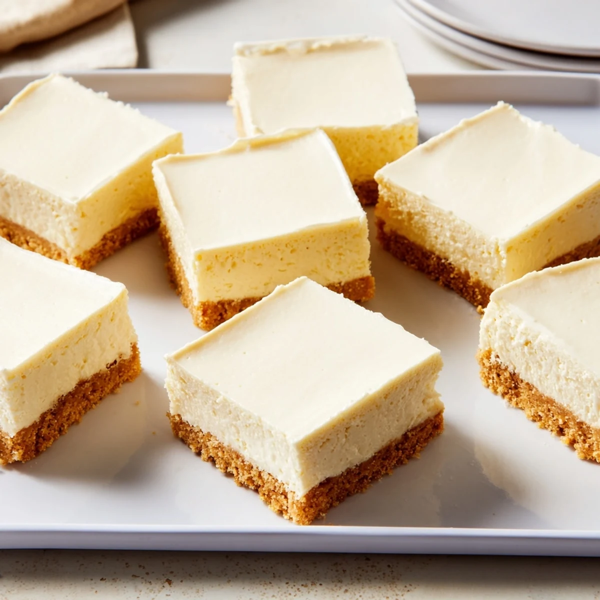 Golden-brown cheesecake bars, a perfect dessert, sit ready to serve with a buttery crust.