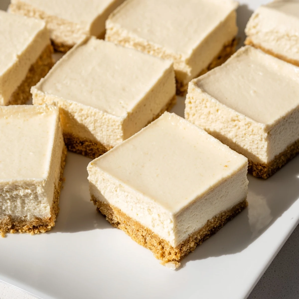 Easy-to-make cheesecake bars, ready for a party, with a golden top and graham cracker base.