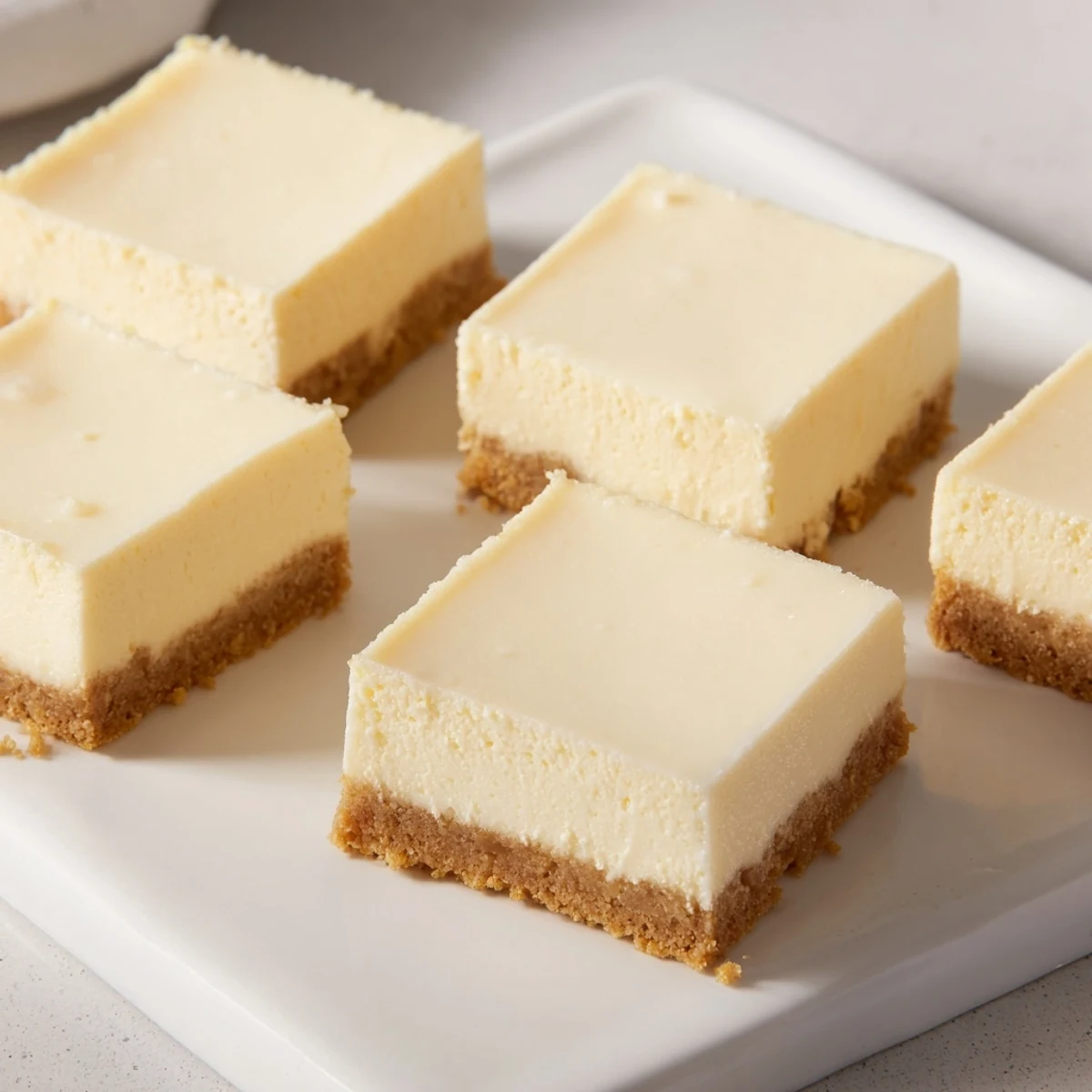A close-up of freshly cut cheesecake bars showcasing a creamy, smooth, and delicious filling.
