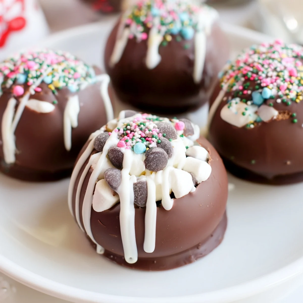 Steaming hot cocoa in a mug, created by melting a festive cocoa bomb.