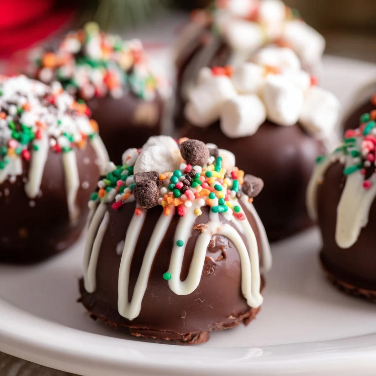 Rich, dark chocolate cocoa bombs filled with marshmallows, ready for a warm winter treat.