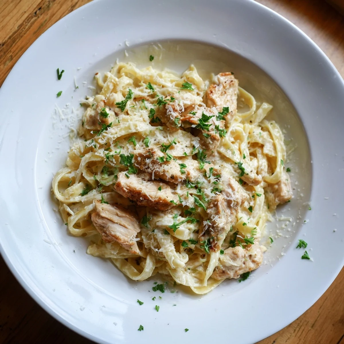 Fresh parsley garnish over rich Chicken Alfredo, a delicious Italian-American dinner idea.