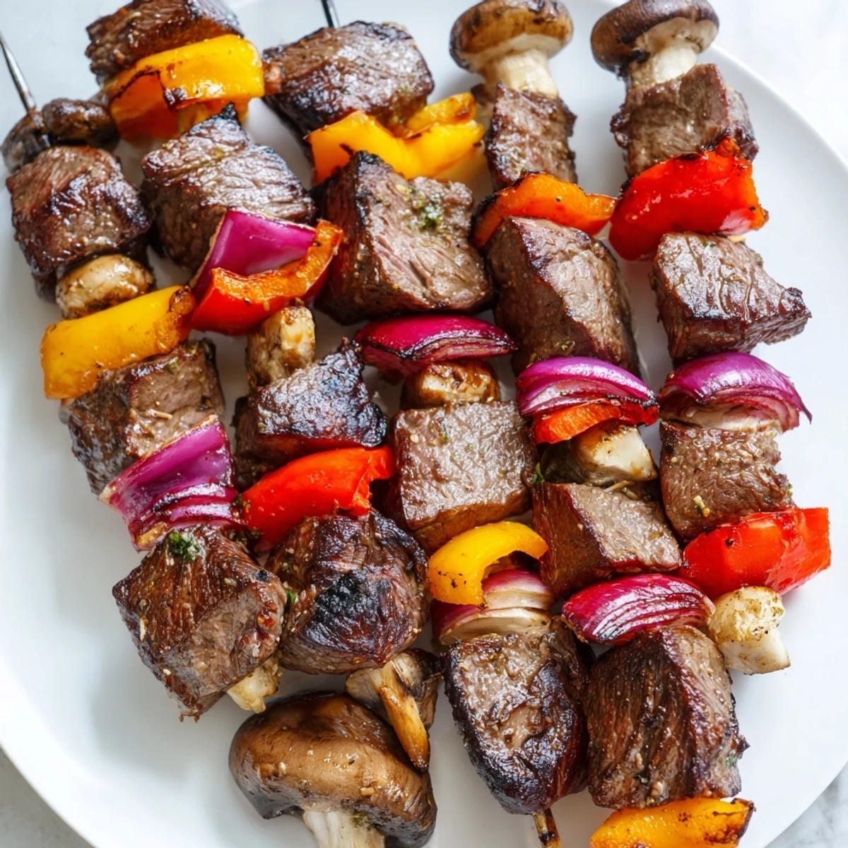 Mouthwatering Beef Kebabs, perfectly cooked with bell peppers and onions, ready for a flavorful bite.