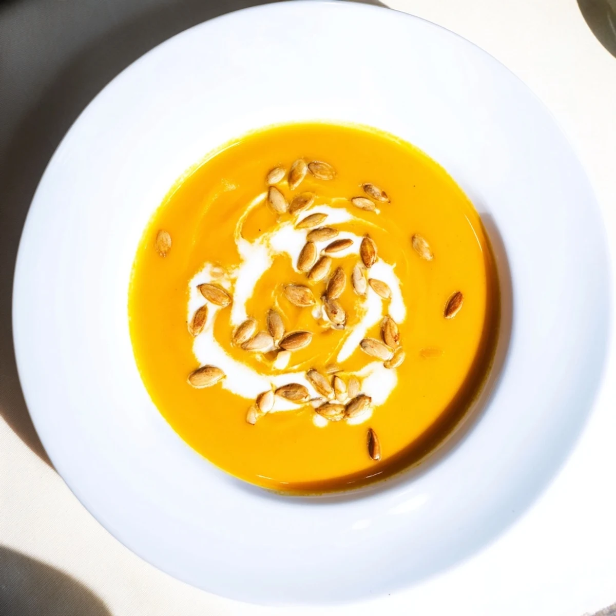 Creamy pumpkin soup, swirled with coconut milk, is steaming hot and ready to enjoy on a cool evening.