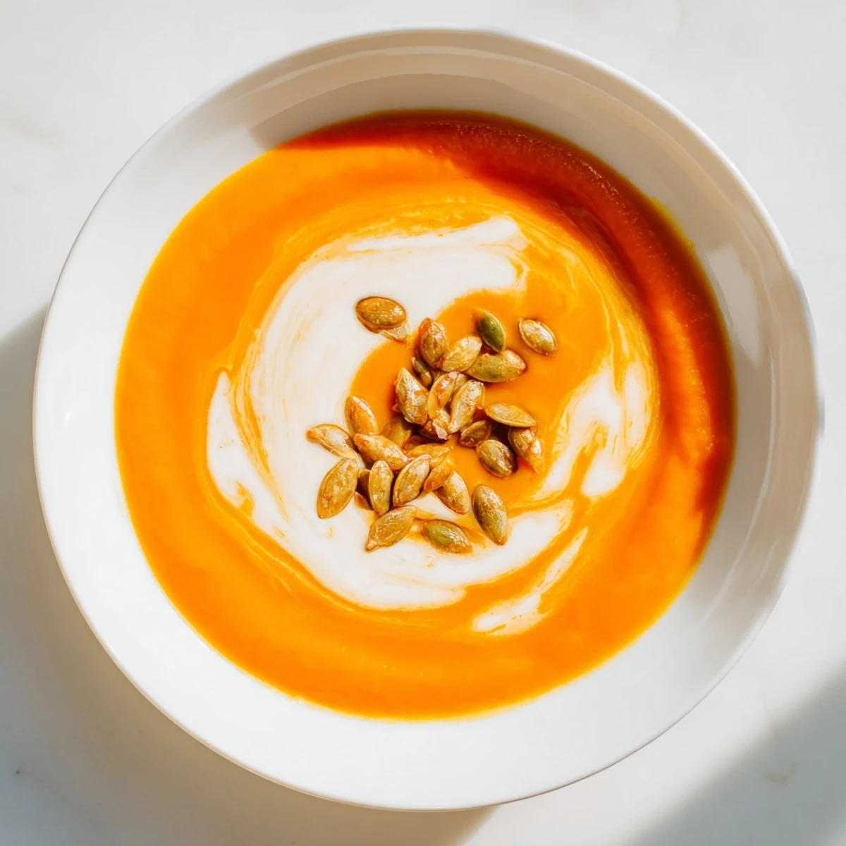 A bowl of vibrant orange pumpkin soup, served with crusty bread, perfect for a cozy fall meal.