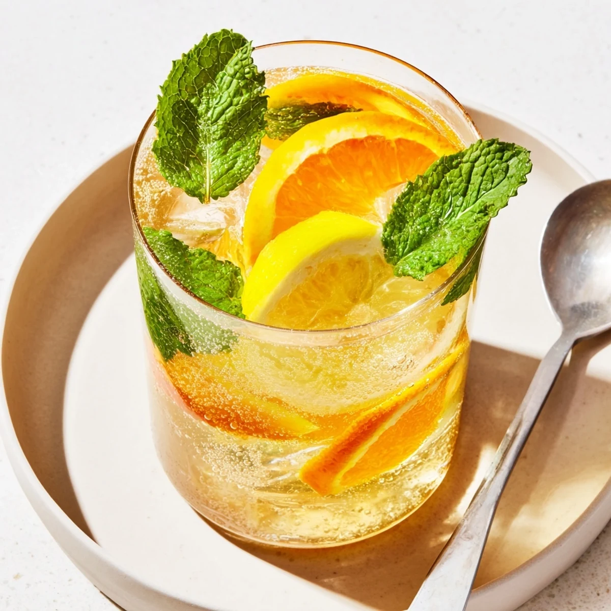 Aromatic Mocktail Spiced, a festive, spiced mocktail with sparkling bubbles and ice cubes.