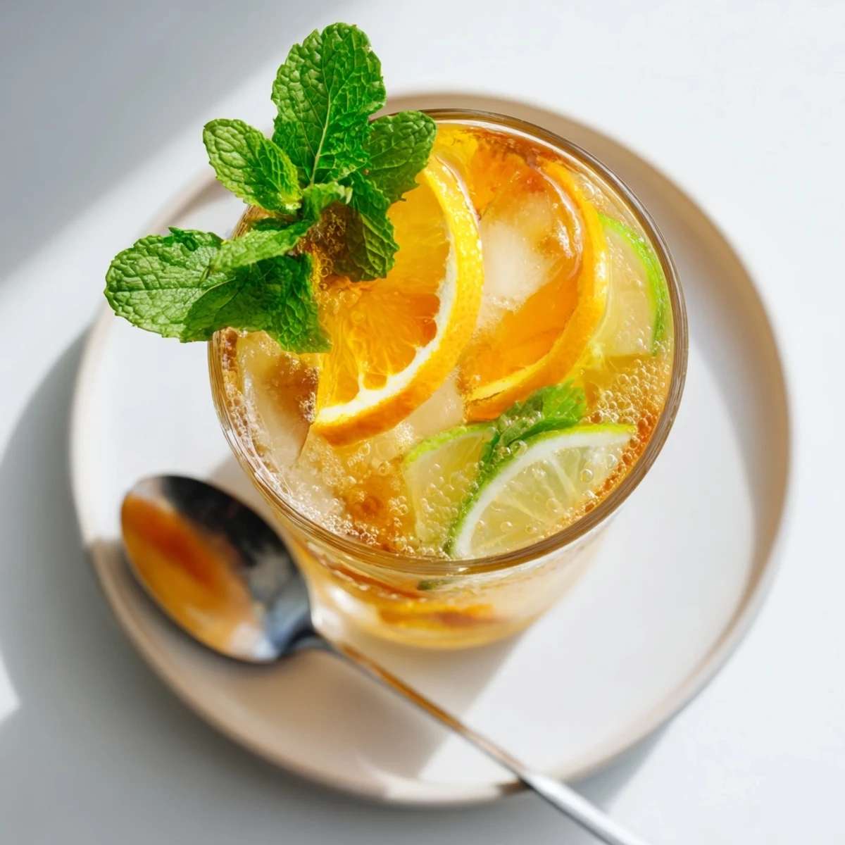 Close-up of a colorful Mocktail Spiced, showcasing fresh citrus, ready to enjoy this flavorful drink.