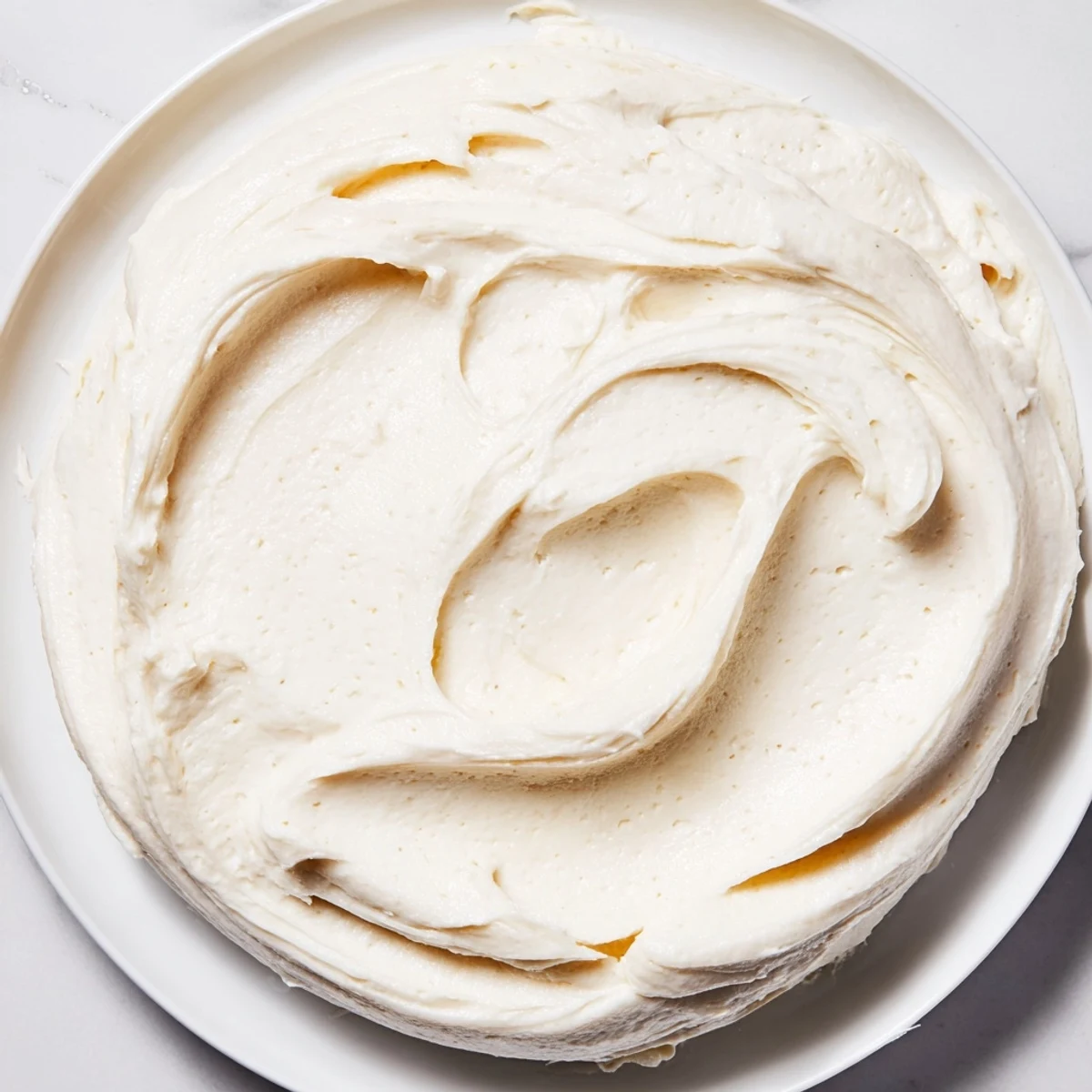 Close-up photo of delicious buttercream frosting ready to be swirled atop a freshly baked cake layer.