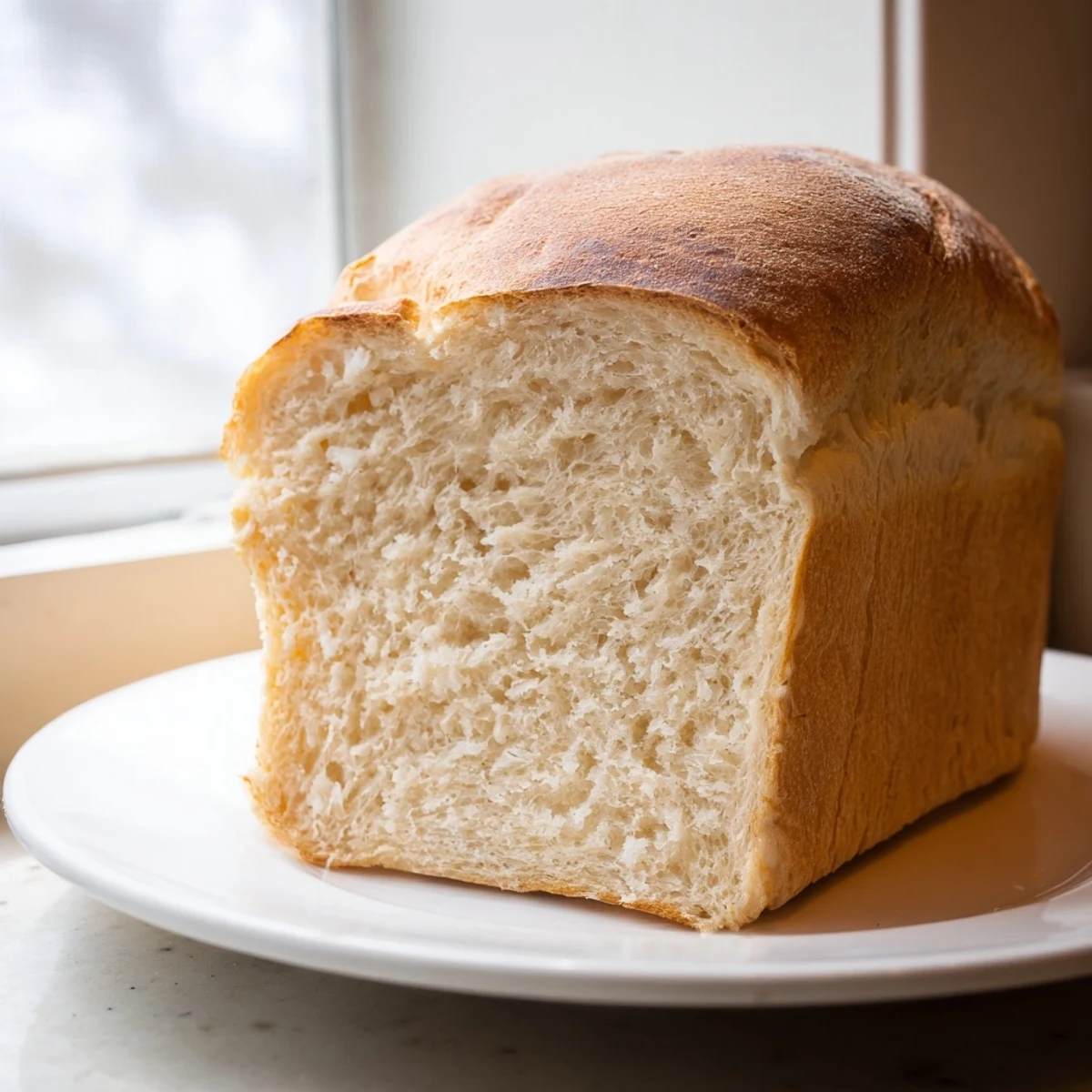 A warm slice of classic homemade baked bread, perfect with butter, from a well-risen loaf.