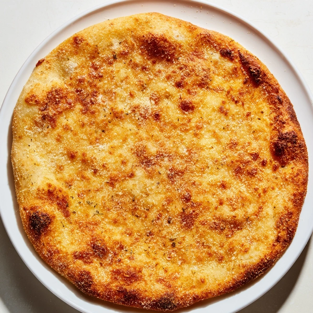 Golden, bubbly Crust Crispy on a pizza stone, ready for your favorite toppings and a delicious meal.