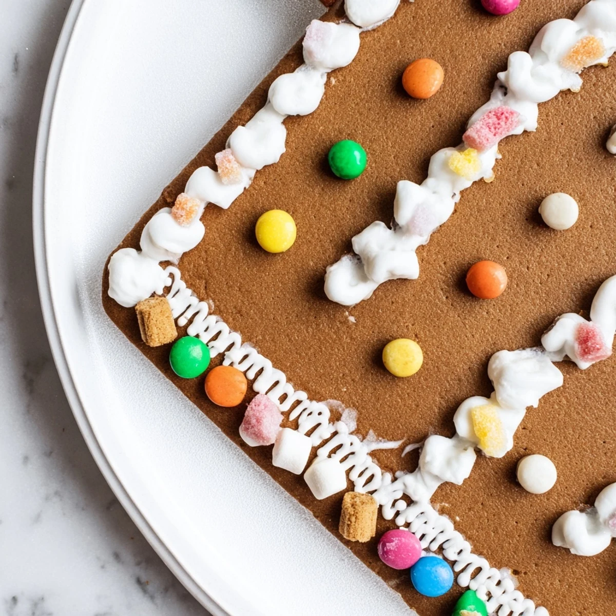 Beautifully decorated gingerbread house from the gingerbread kit, promising delicious, home-baked holiday fun.
