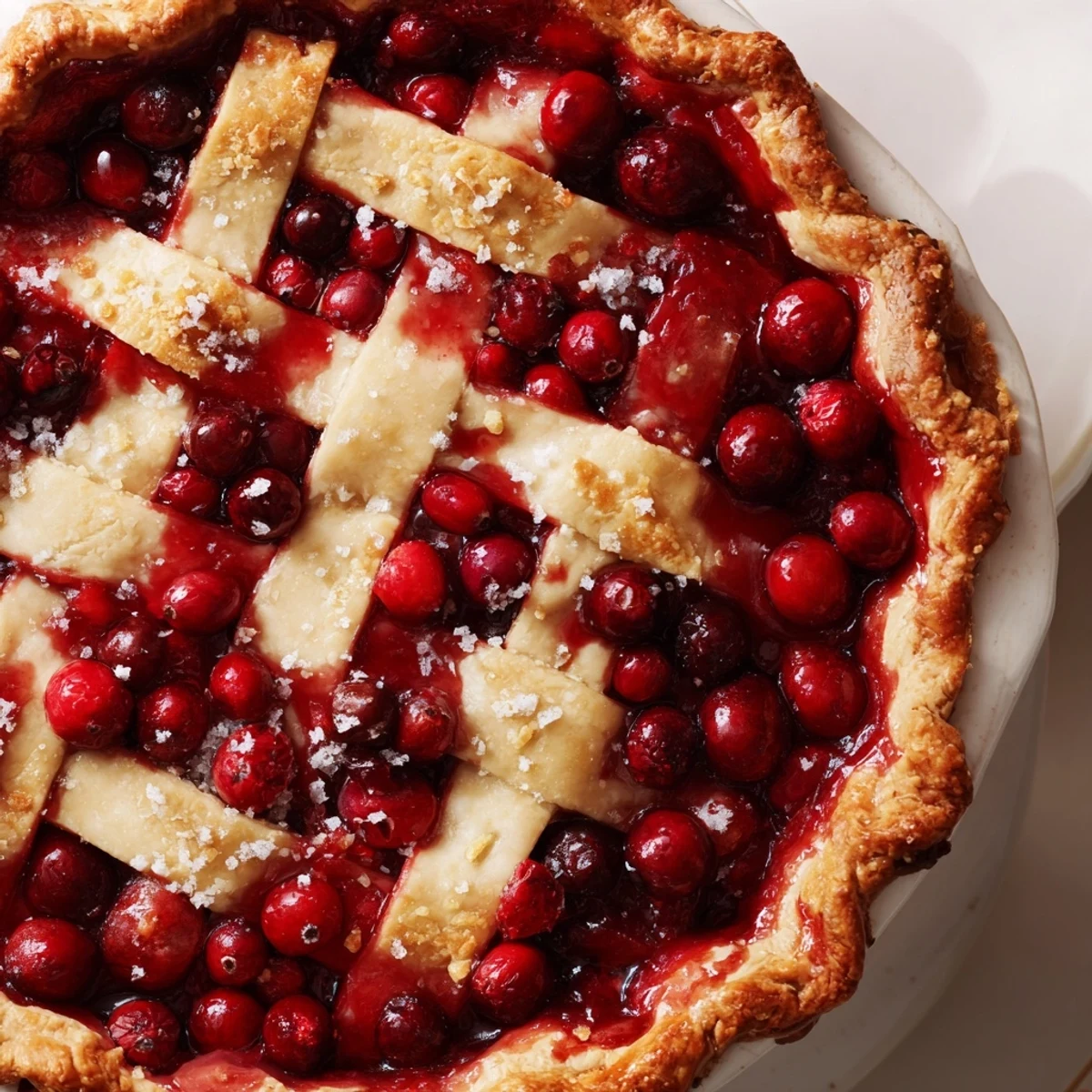 Flaky golden crust surrounds bubbling, sweet cranberry pie filling, perfect for dessert tonight!
