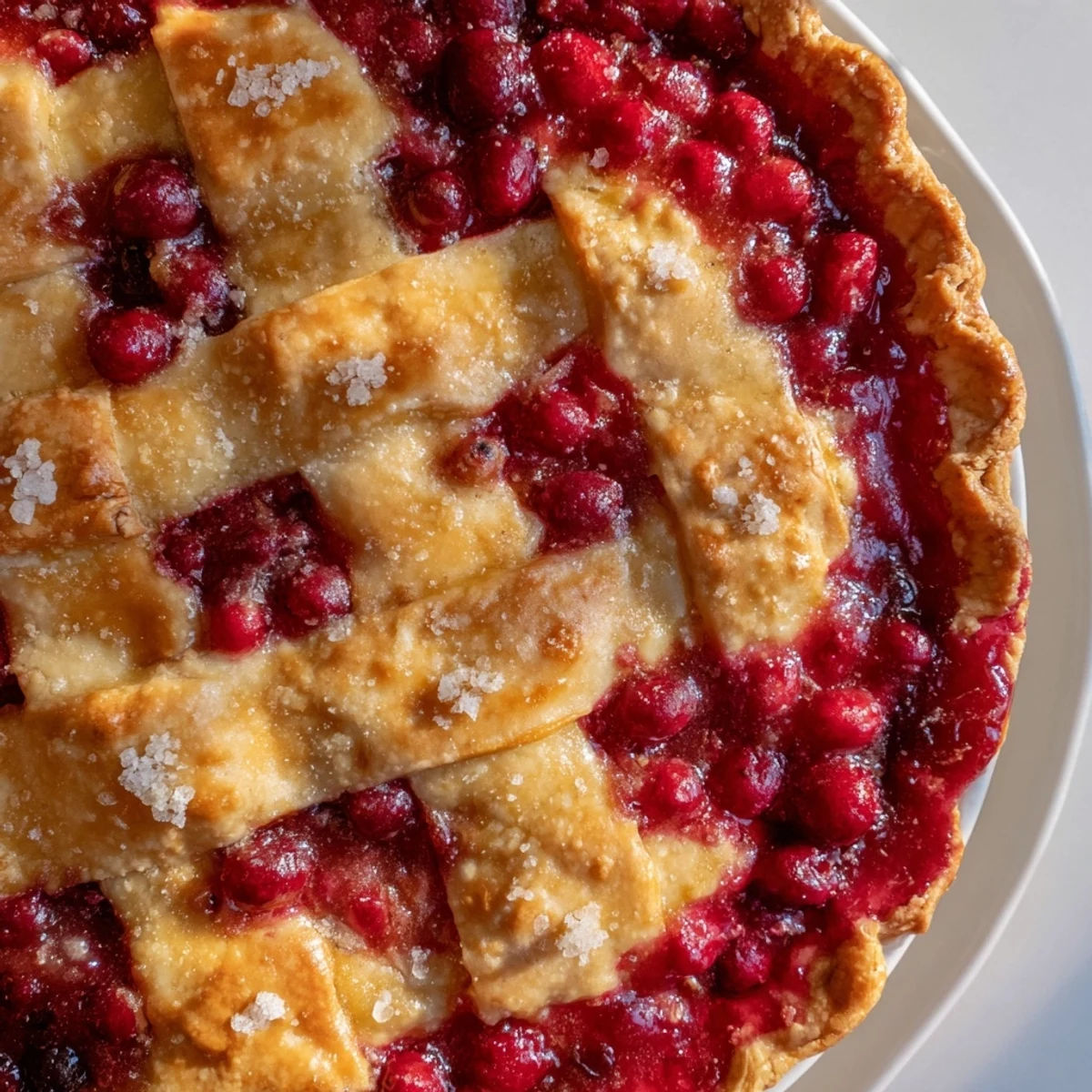 Enjoy a delicious slice of homemade cranberry pie with a fantastic, sugary crust and vibrant fruit.