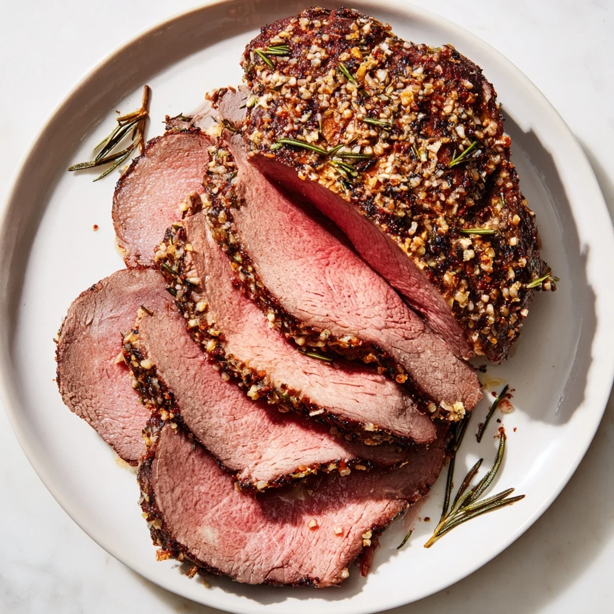 Slices of tender roast beef, showcasing a perfectly seared crust, ready to serve alongside gravy.