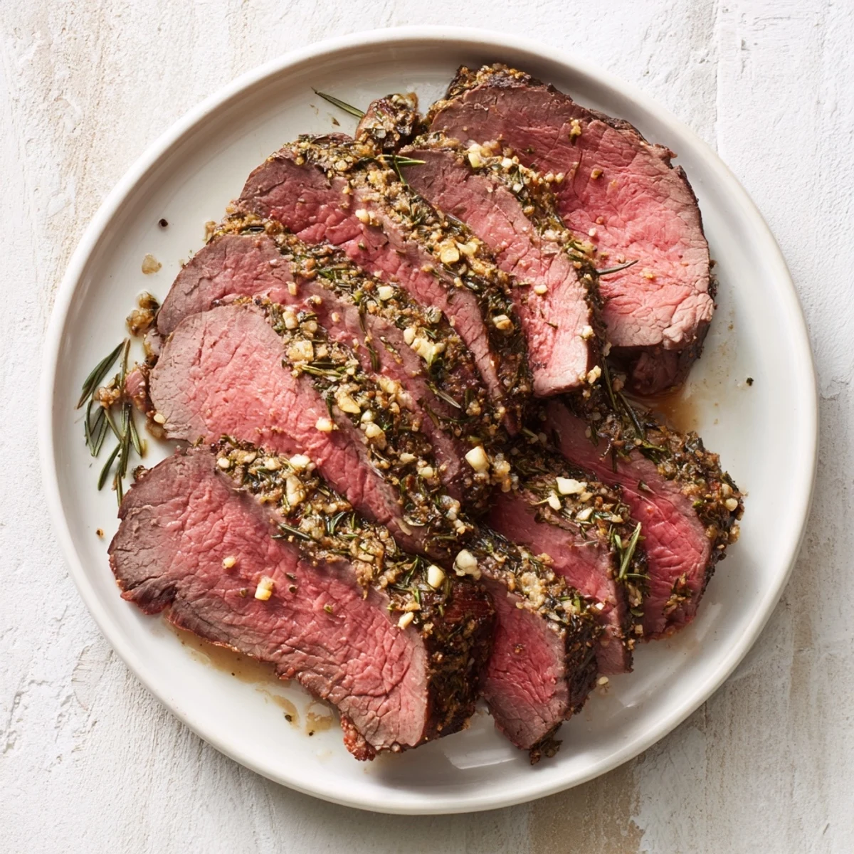 Golden-brown roasted vegetables frame a beautifully prepared roast beef, ideal for a holiday feast.