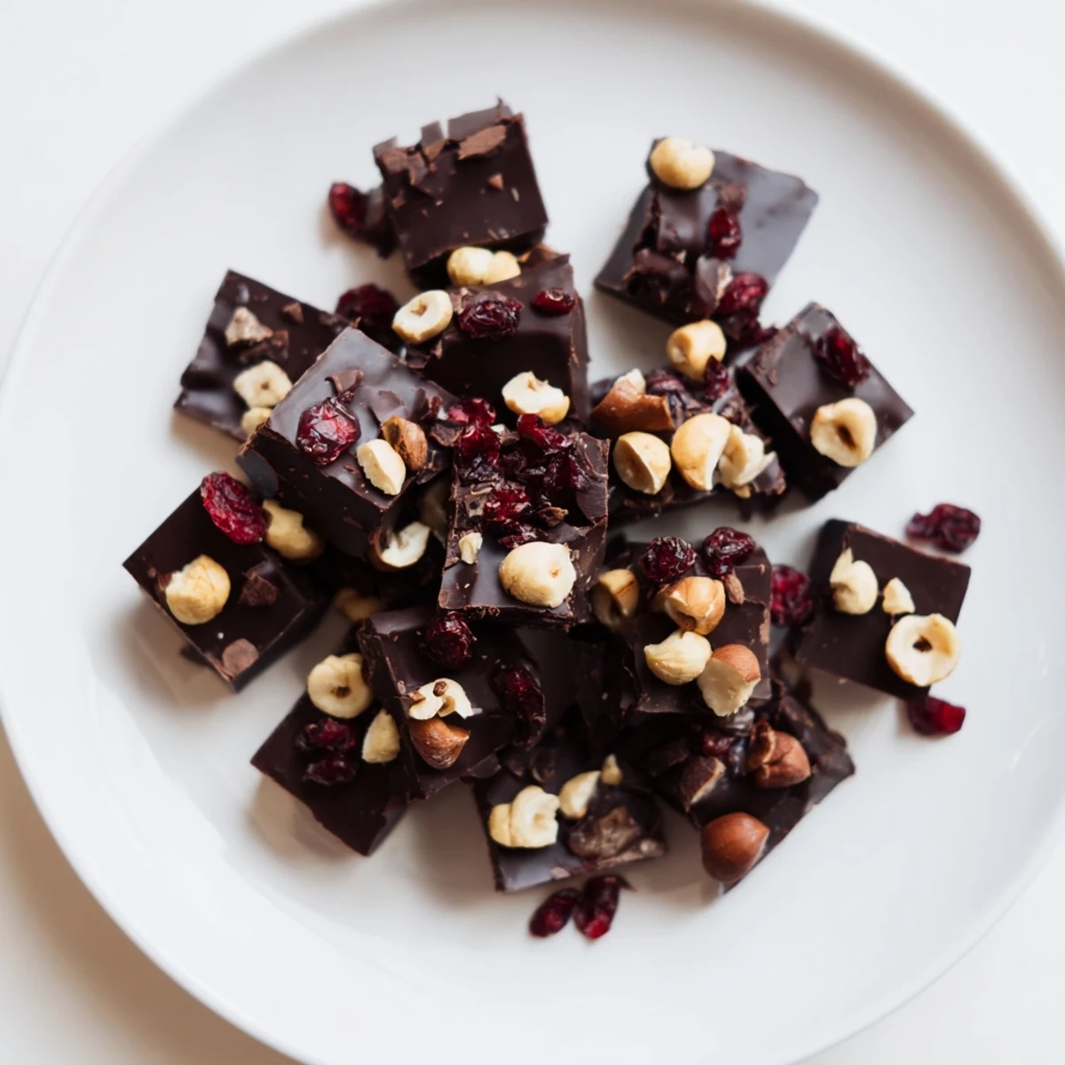 Dark, shiny bite-sized bits of chocolate with chopped hazelnuts, ready to be enjoyed.