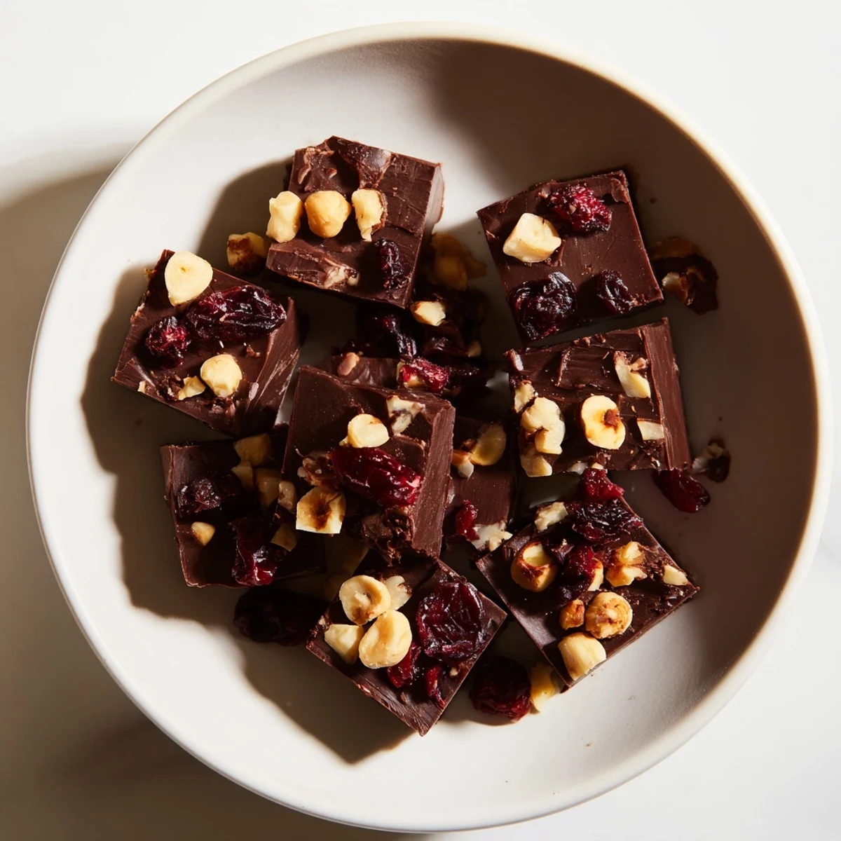 Close-up of decadent bite-sized chocolate squares with cranberries, a rich dessert.