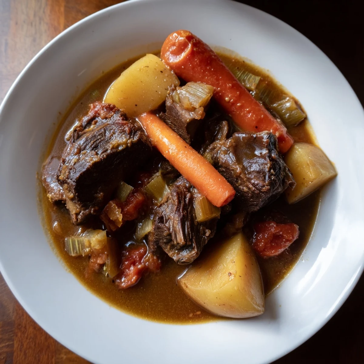 Close-up of a rustic and flavorful bone-in beef stew showcasing juicy meat and a rich broth.