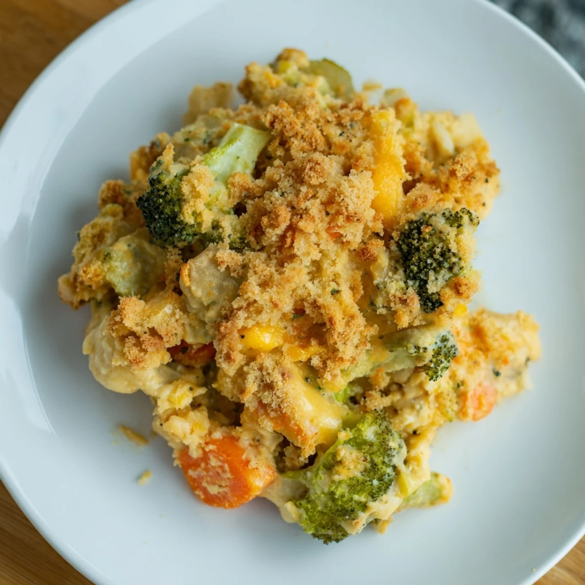 Steaming Perfection Baked casserole with a bubbly cheese sauce and golden, crisp breadcrumb topping.