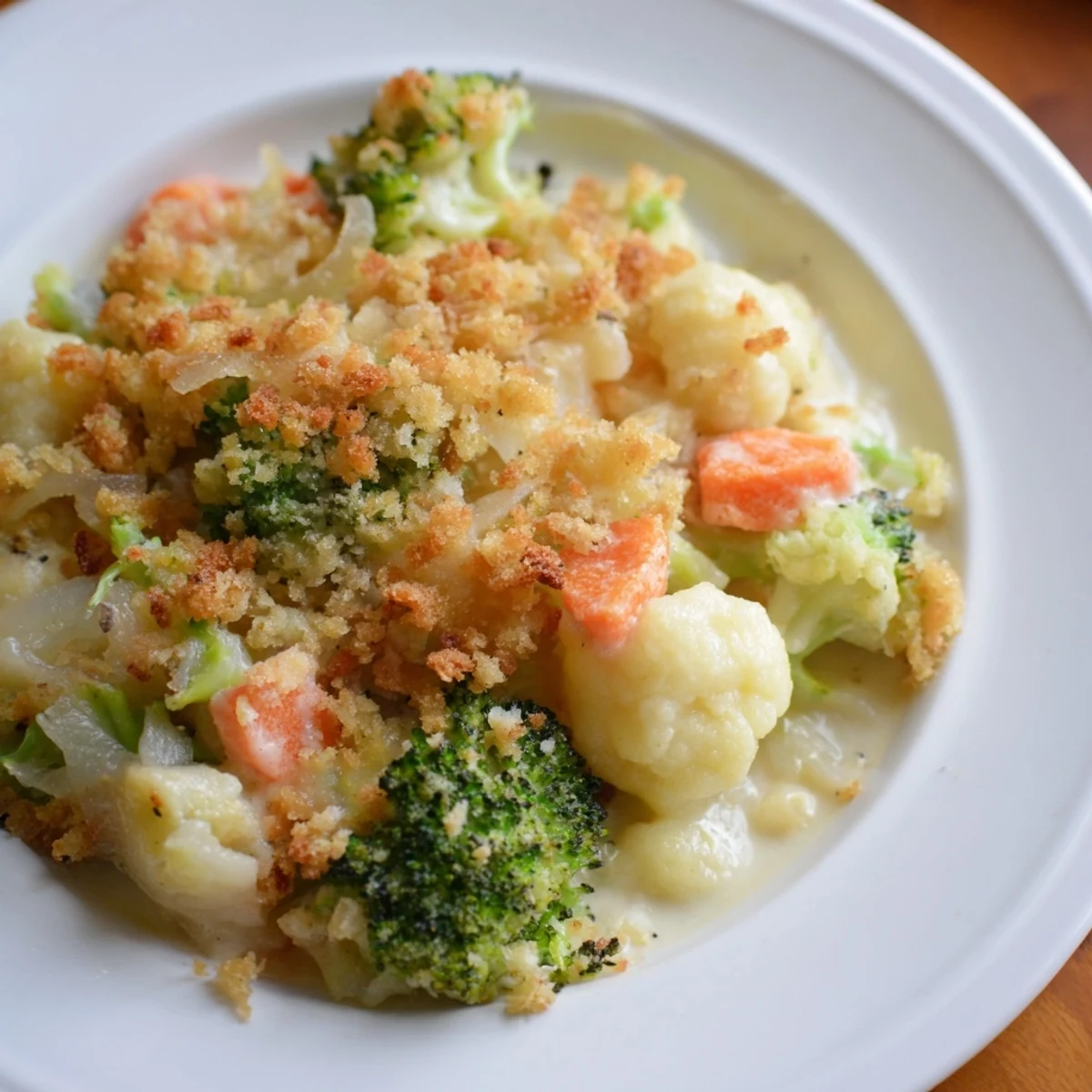 A close-up shot of Perfection Baked casserole showing colorful vegetables under a crusty, golden topping.