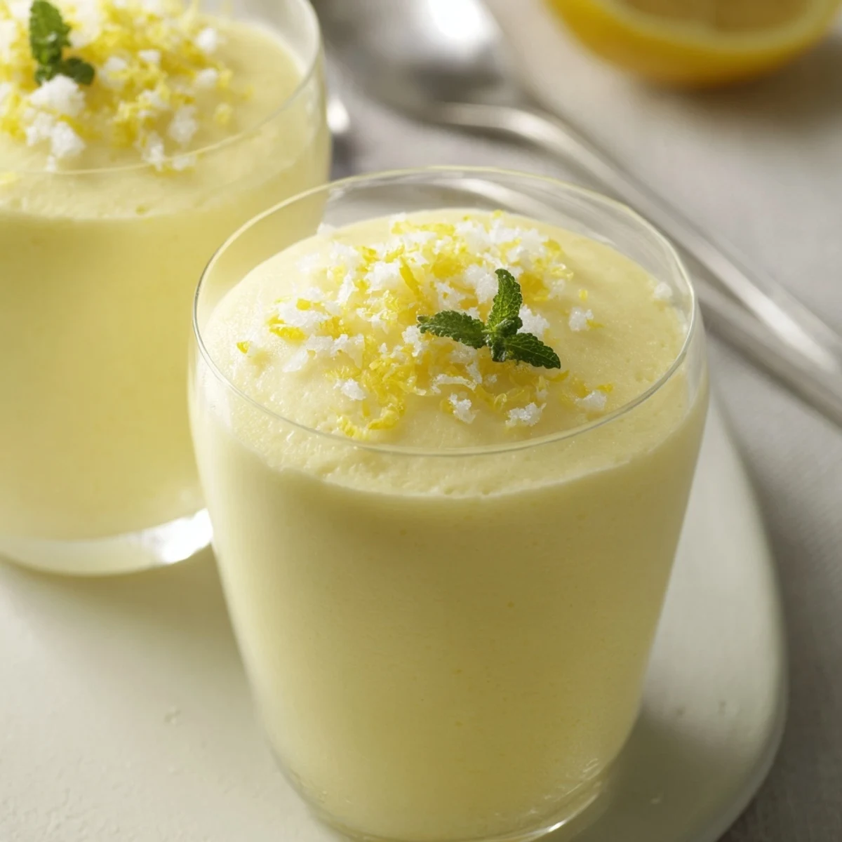 Fluffy, chilled lemon dessert topped with fresh mint and delicate lemon zest, perfect.
