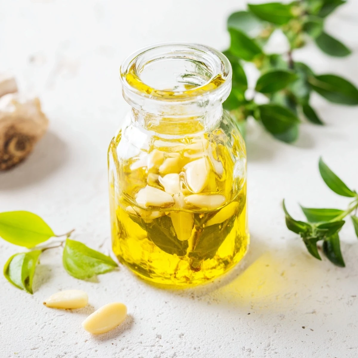 A close-up of golden, infused Scent Garlic oil drizzled over crusty bread.