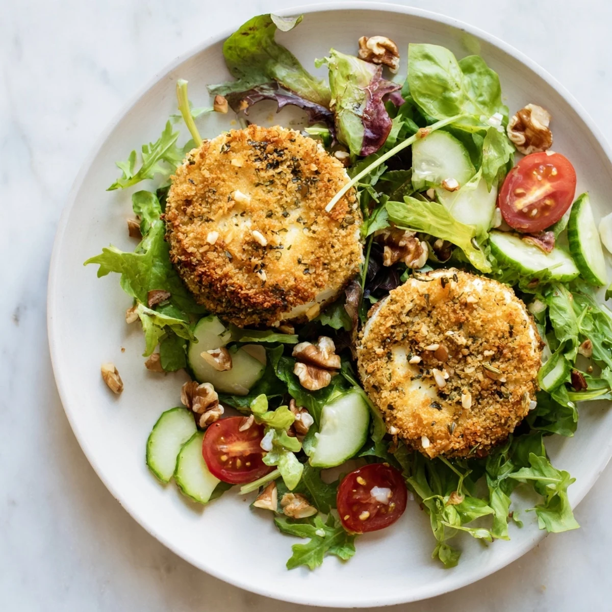 Warm, golden baked goat cheese rounds top a fresh salad, a delicious Baked Goat Cheese Salad.