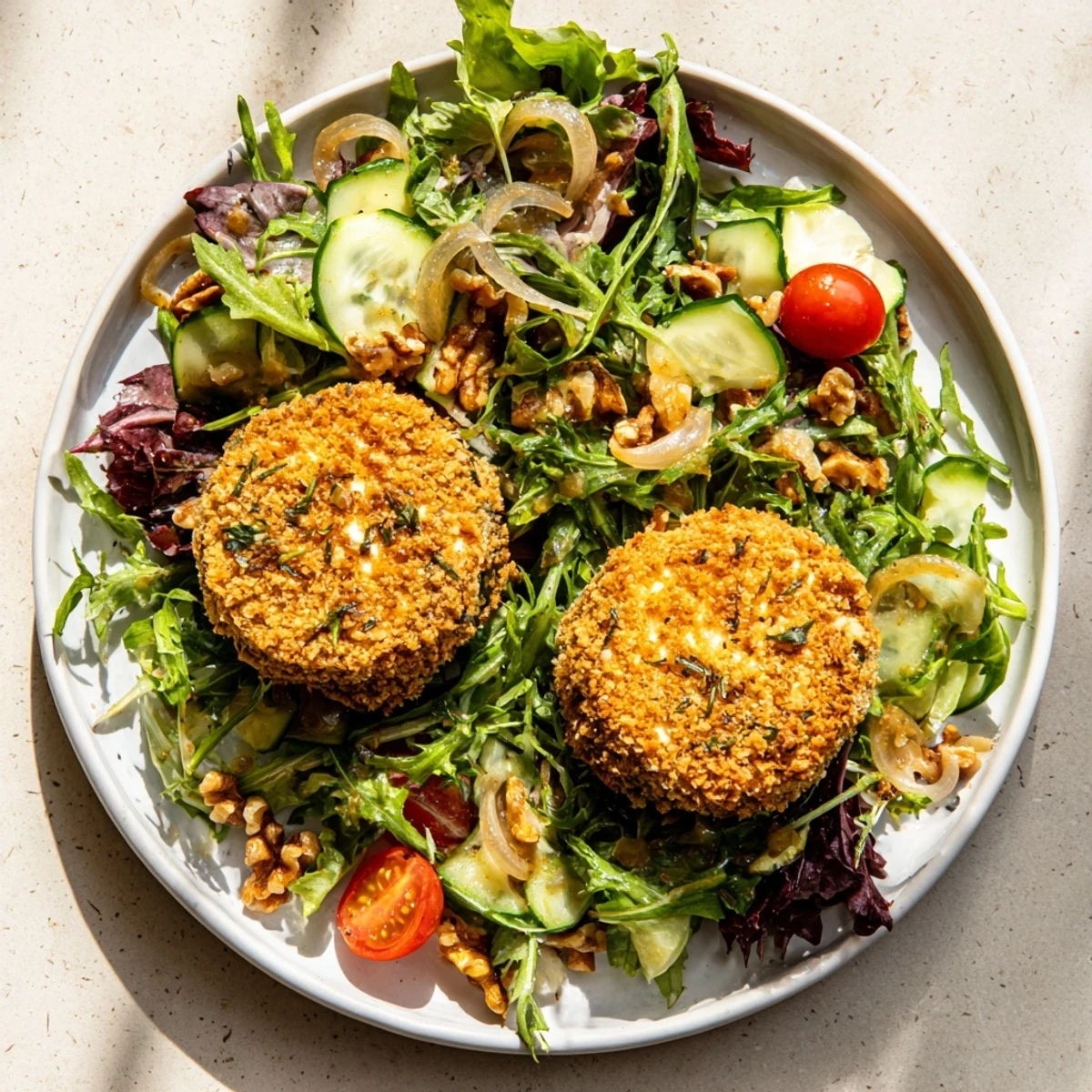 A close-up of a delightful Baked Goat Cheese Salad; creamy cheese and fresh greens are drizzled with vinaigrette.