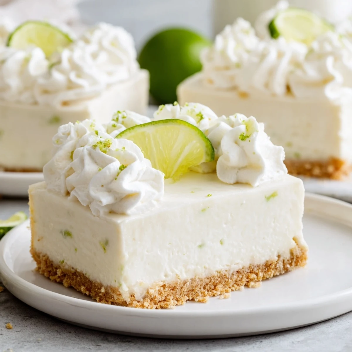 A slice of zesty lime cheesecake, garnished with whipped cream and lime, ready to enjoy.