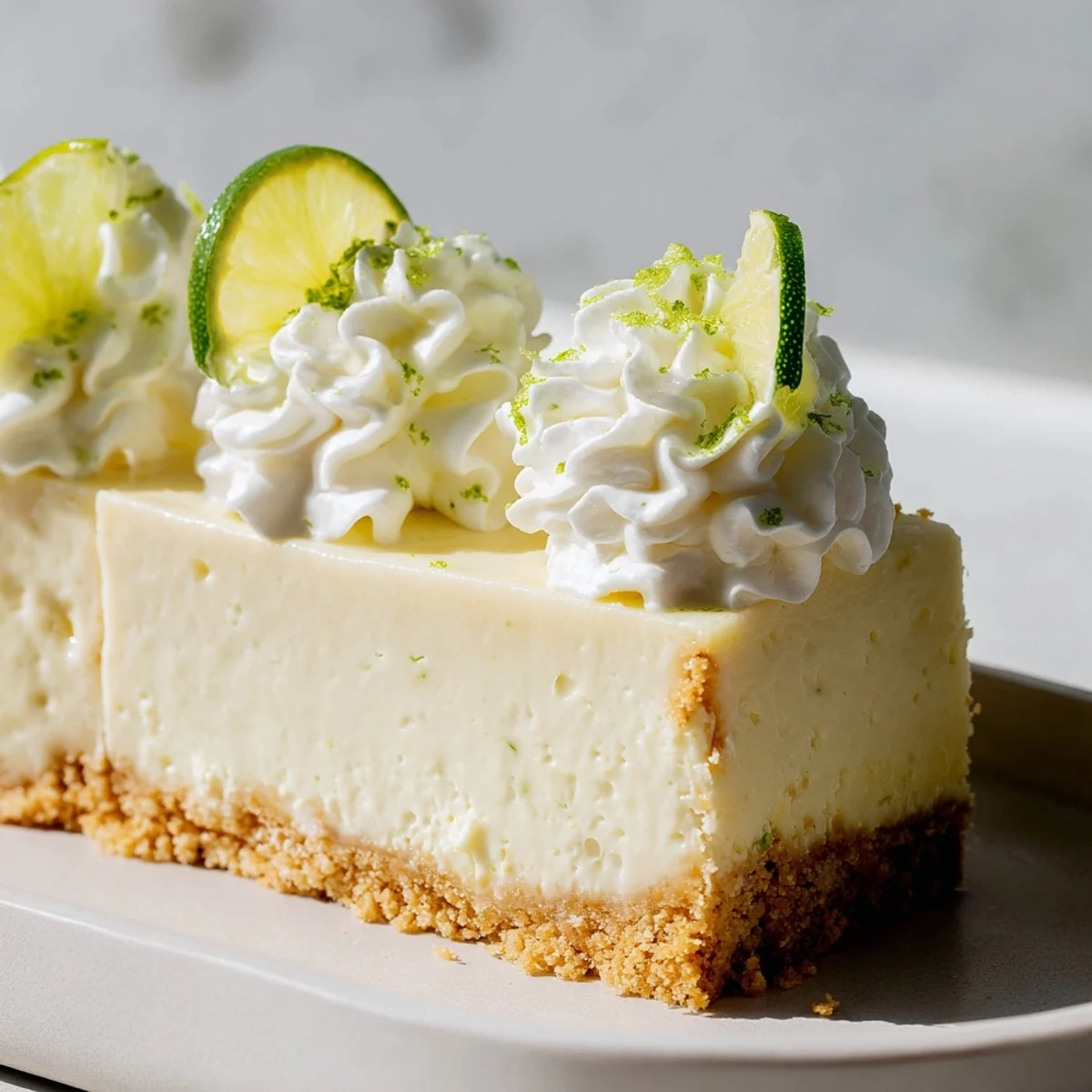Freshly baked zesty lime cheesecake with a golden crust, a perfect, refreshing dessert.