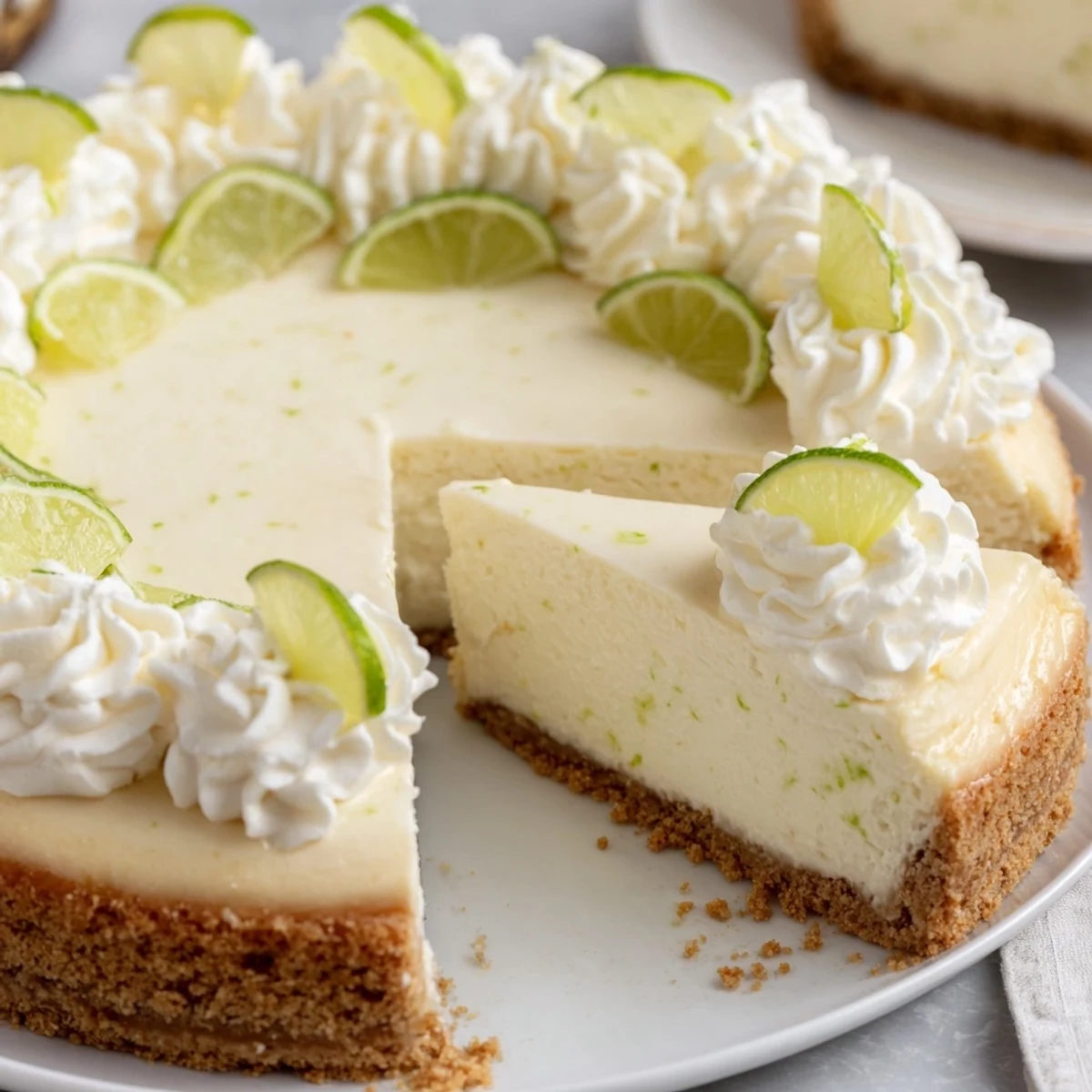 Indulge in this creamy, vibrant zesty lime cheesecake with a buttery graham cracker crust.