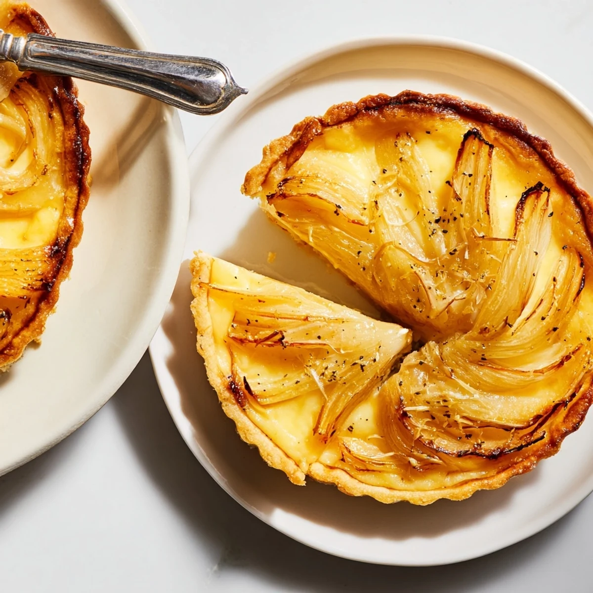 A close-up of a rustic Savory Onion Tart highlighting the creamy custard and browned crust, ready to serve.