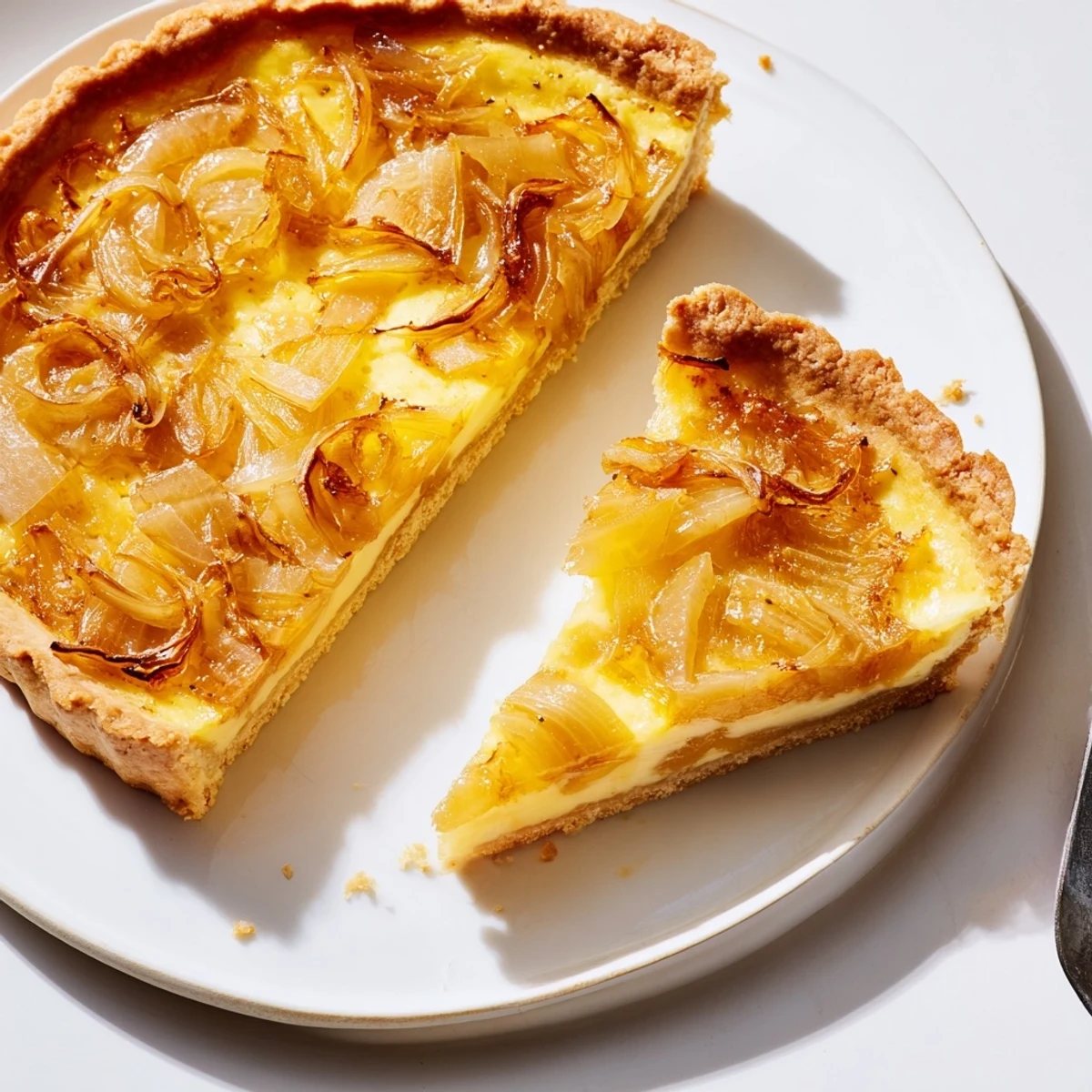 Slice into a warm Savory Onion Tart, the sweet onions and cheese creating a delightful, aromatic combination.