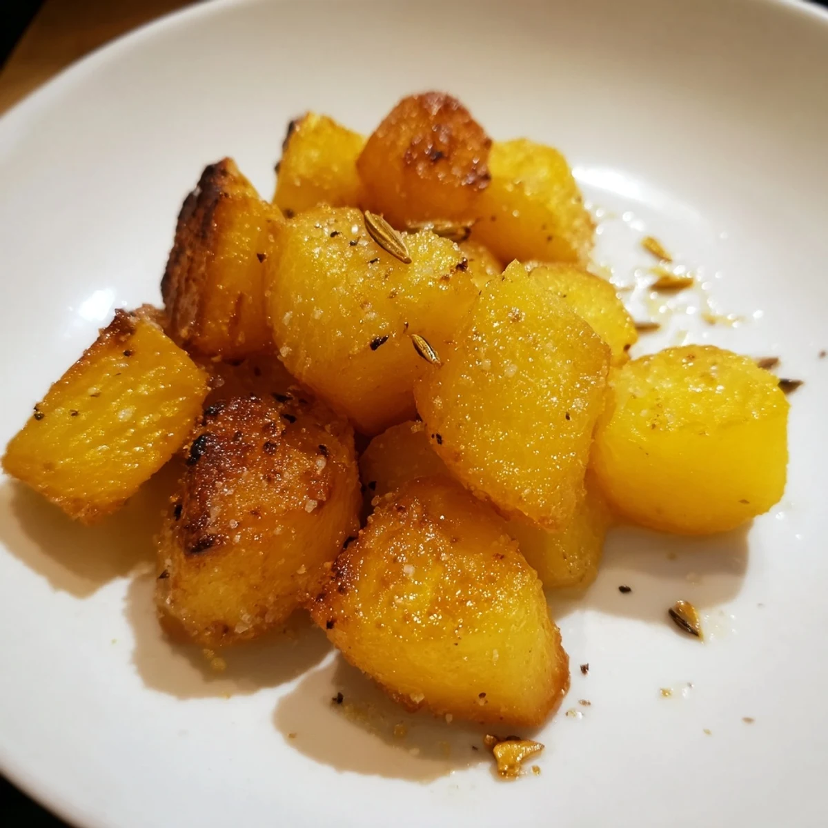 Golden roast potatoes, crispy and browned, ready to serve as a flavorful side dish.