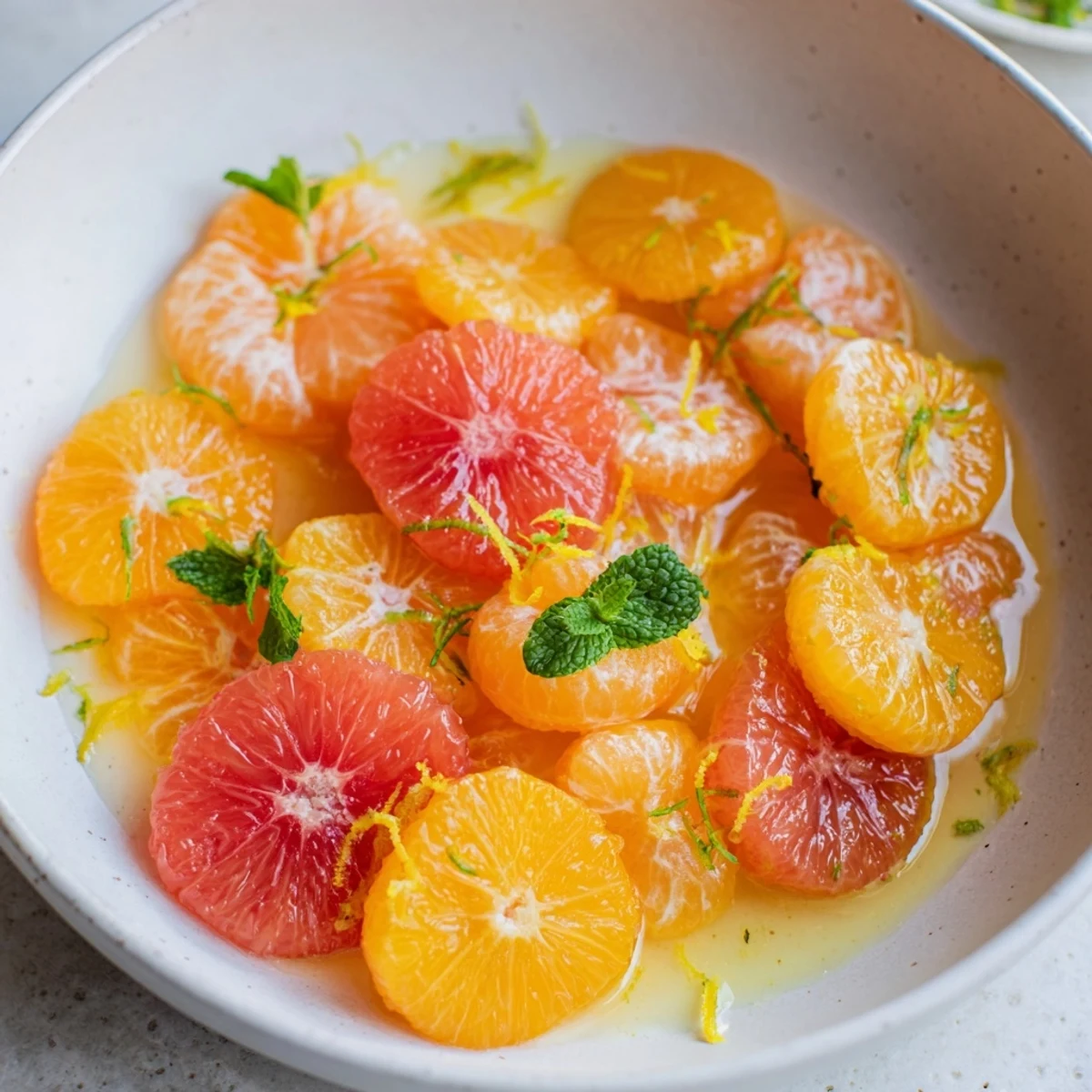 A beautifully arranged Citrus Fruit Salad showcases fresh citrus slices ready to be enjoyed.