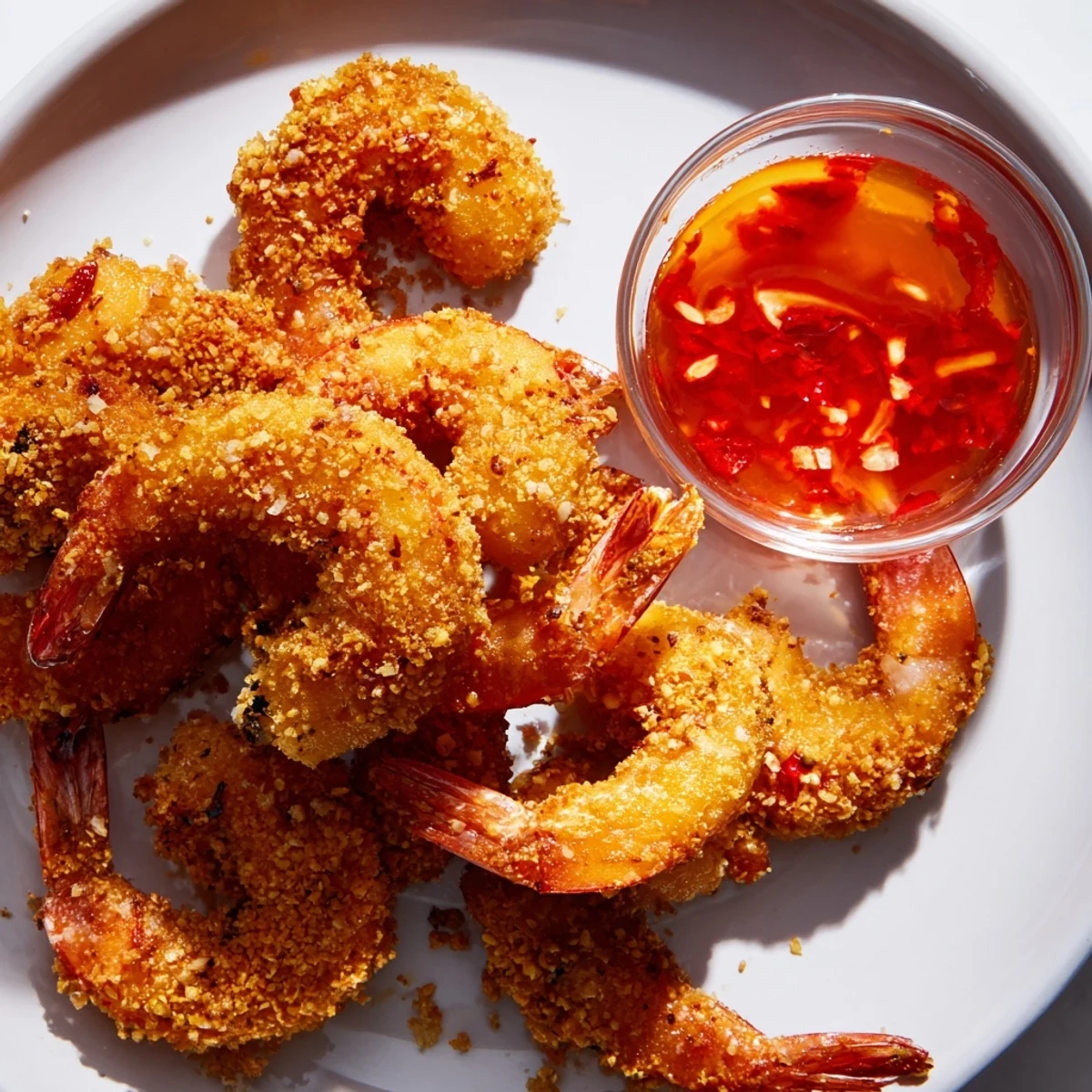 Golden, crispy prawns sizzling, ready to enjoy with a vibrant, flavorful chilli dip.
