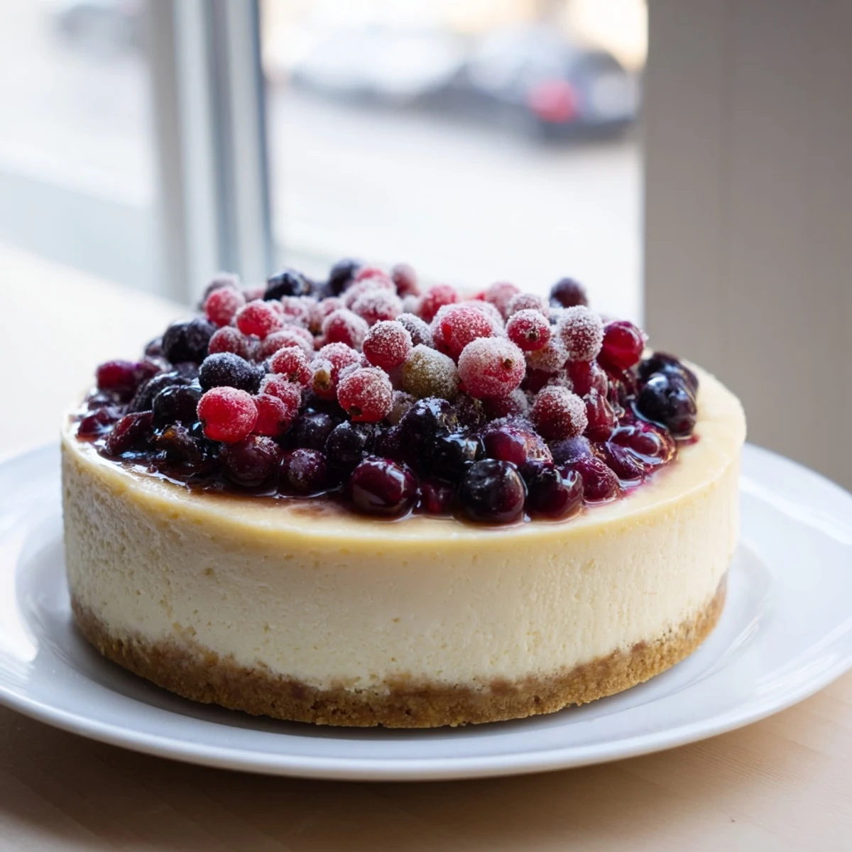 Vibrant winter berry cheesecake, creamy and rich, topped with glistening berries and ready to serve.