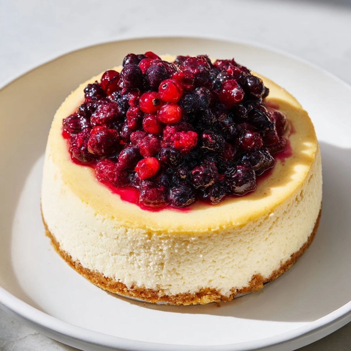 A sliceable view: a perfect Winter Berry Cheesecake with a graham cracker crust and ruby red berries.