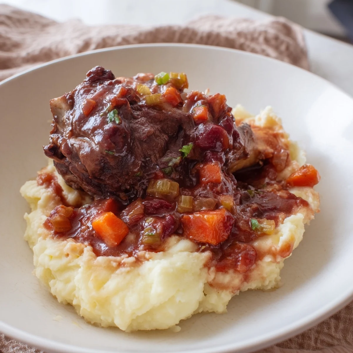 Tender braised lamb shanks, falling off the bone, rest beside creamy mashed potatoes.