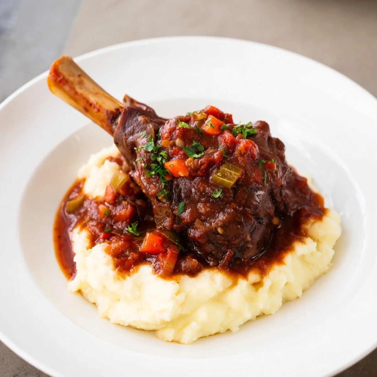 Rich, slow-cooked braised lamb shanks with a thick sauce, perfect for a cozy dinner.